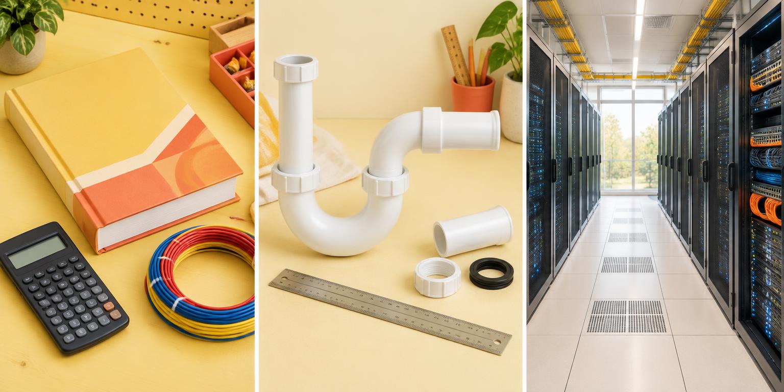 Illustrative electrical study tools, a disconnected plumbing model and a data-center aisle